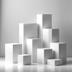 Various white geometric shapes arranged artistically on a smooth surface in a minimalist setting with soft lighting