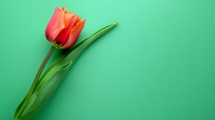 Fototapeta premium A single red tulip on a green background.