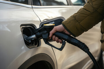 A person refueling a vehicle at a gas station using a fuel pump.
