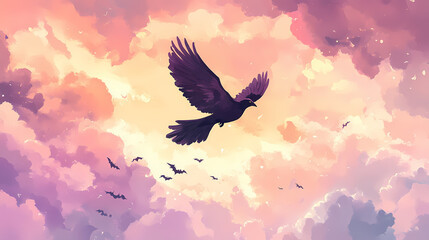 Fototapeta premium Whimsical thunderbird soars amidst stormy pastel skies. cute kawaii halloween illustration. Thunderbird Soaring. Illustration