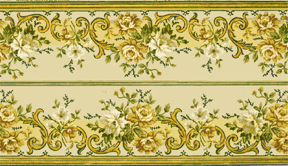  vintage floral wallpaper with roses, scrollwork and gold accents on a pale yellow background.