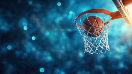 Fototapeta premium A basketball is about to enter a hoop, set against a blurred blue background.
