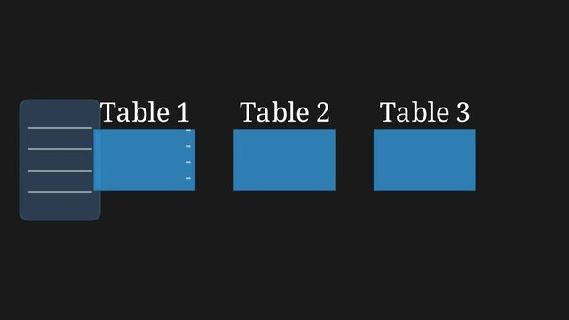 Dynamic visualization showing database tables connecting through primary and foreign keys, with flowing data streams highlighting relationships between entities.
