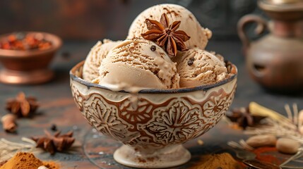 Chai spice ice cream in a ceramic bowl against spice market backdrop