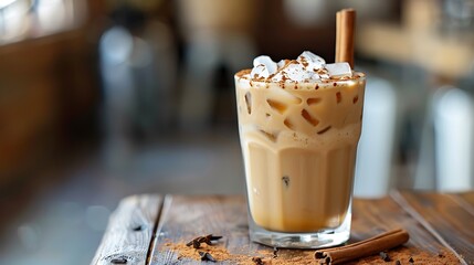 Chilled iced chai latte with cinnamon stick on top