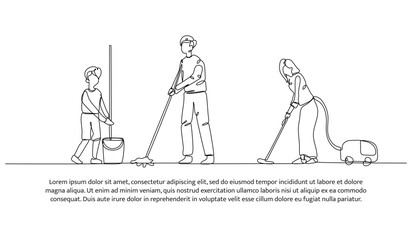 Continuous one line design of cleaning the floor with the family. Minimalist style vector illustration on white background.