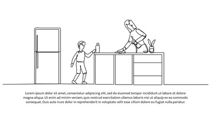 Continuous one line design of a mother and son are cleaning the kitchen. Minimalist style vector illustration on white background.