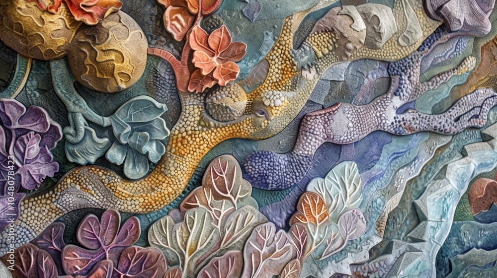 Poster a closeup of a small section of a large mural revealing intricate details and hidden symbolism withi