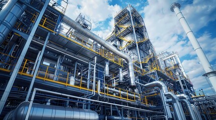 Industrial Complex with a Tall White Chimney and Intricate Piping