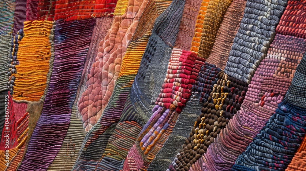 Poster the unique textures and patterns of a large handwoven tapestry are highlighted in a closeup shot inv