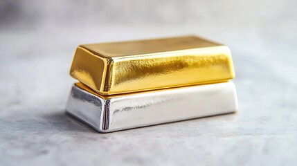 A shiny gold bar stacked on top of a silver bar with soft lighting in a minimalist background
