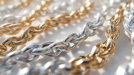 Obraz premium Close-up of intertwined gold and silver chains on a white surface with detailed textures