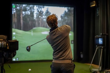 A golfer driving the ball club swinging back, about to make contact, eyes tracking the ball s flight