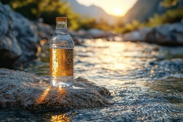 Obraz premium A Plastic Water Bottle on a Rocky Streambank at Sunset