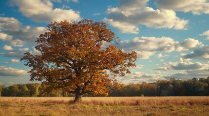 Solitary Oak Tree in Autumn Field with Cloudy Sky