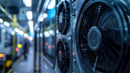 Fototapeta premium Close up of a bus air conditioning unit with cooling fins