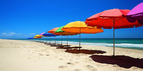 Fototapeta premium beach scenes. A row of colorful umbrellas on a sunny beach by the ocean.