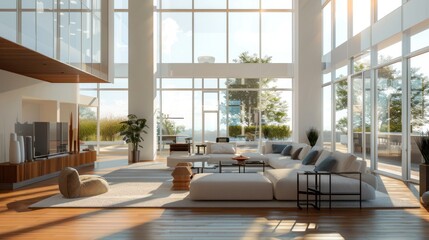 Modern living room with large windows overlooking a city skyline and greenery
