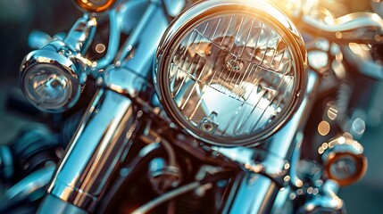 Fototapeta premium Close up of a classic motorcycle headlight glistening in sunlight