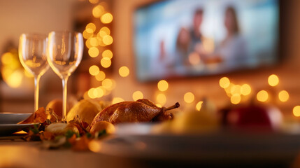 Naklejka premium Thanksgiving dinner with beautifully set table featuring roasted turkey, elegant glassware, and warm ambiance created by soft lighting. digital screen in background adds modern touch to festive