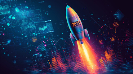 Rocket labeled 2025 blasting off with charts and graphs trailing behind