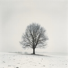Fototapeta premium A lone tree covered in snow, standing in a quiet, snowy field