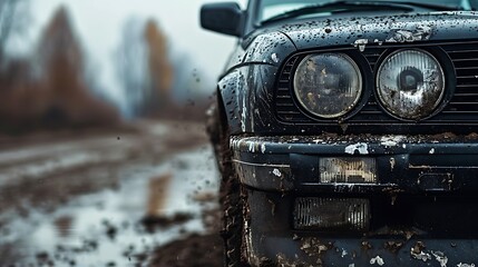Close up of a front splitter covered in road dust rugged aesthetic