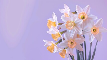 Fototapeta premium A bunch of delicate white daffodils with orange centers against a pale purple background.