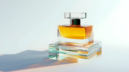A luxurious perfume bottle with minimalistic design, placed on top of stacked transparent glass blocks