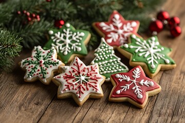 Close-Up of Decorated Christmas Cookies in Red and Green Colors with Snowflakes, Stars, and Trees Against a Festive Background, Featuring Insanely Detailed High-Resolution Photography