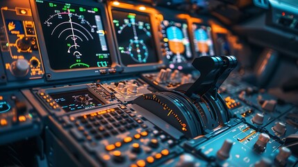 Close up of an airplane cockpit with detailed navigation systems
