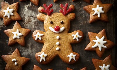 Photo of a Gingerbread Man Cookie on Baking Sheet with Red and White Decorations, Including Stars, Santa Hats, and Brown Icing Antlers, Surrounded by Decorative Sugar Berries and Christmas Cookies
