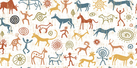 Seamless petroglyph pattern, rock paintings, naive art, vector design