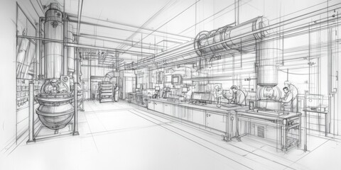 Fototapeta premium Pencil sketch of an industrial workspace.