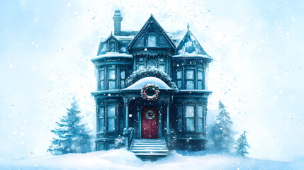 Fototapeta premium Elegant Victorian house adorned with festive wreath, surrounded by snow covered trees, creating serene winter atmosphere