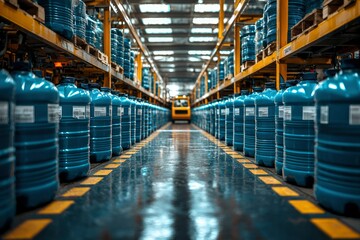 Fototapeta premium Rows of Blue Barrels in a Warehouse with Forklift in the Distance