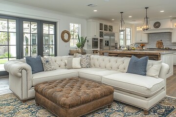 Modern farmhouse living room with cozy sectional and rustic accents