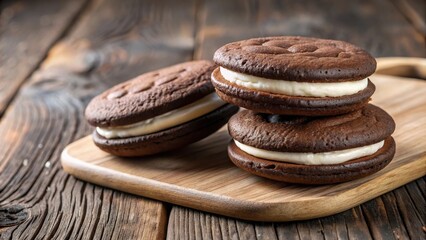 Three chocolate cookies with cream filling on wooden board