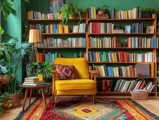 Cozy reading nook with a yellow armchair, bookshelf, and plants.