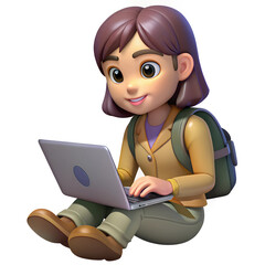 Joyful young student with backpack enthusiastically learning on laptop, embarking on educational adventure with bright, optimistic spirit
