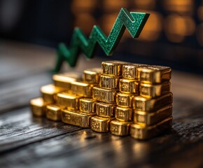 Gold bars price increasing indicated by green arrow