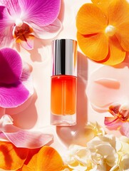 Perfume bottle surrounded by vibrant orchid flowers