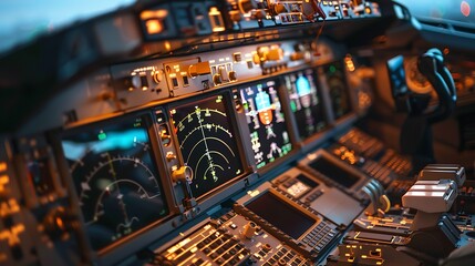 Close up view of a shiny airplane cockpit with modern instruments