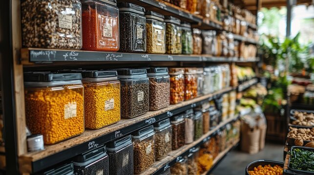 Grocery store displaying a variety of dry foods in bulk bins