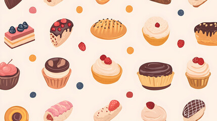 Seamless chocolate pattern featuring various baked goods like cookies, croissants, and donuts, perfect for a sweet-themed background
