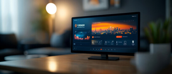 Fototapeta premium The Future of Home: Navigating a Smart Interface in a Modern Living Room 