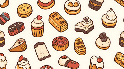 Seamless chocolate pattern featuring various baked goods like cookies, croissants, and donuts, perfect for a sweet-themed background