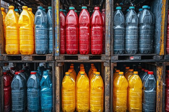 Rows of Colorful Plastic Bottles in Wooden Crates