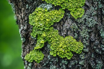 Lush green moss and lichen on tree bark close-up