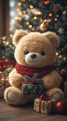 Cute teddy bear holding christmas gift in front of christmas tree